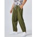 Men Solid Color Pleats Drawstring Elastic Waist Side Pocket Casual Pants